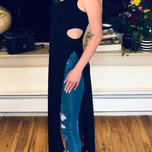 Key Hole Split SideTank Black Top Maxi Dress sizeM - Picture 4 of 5